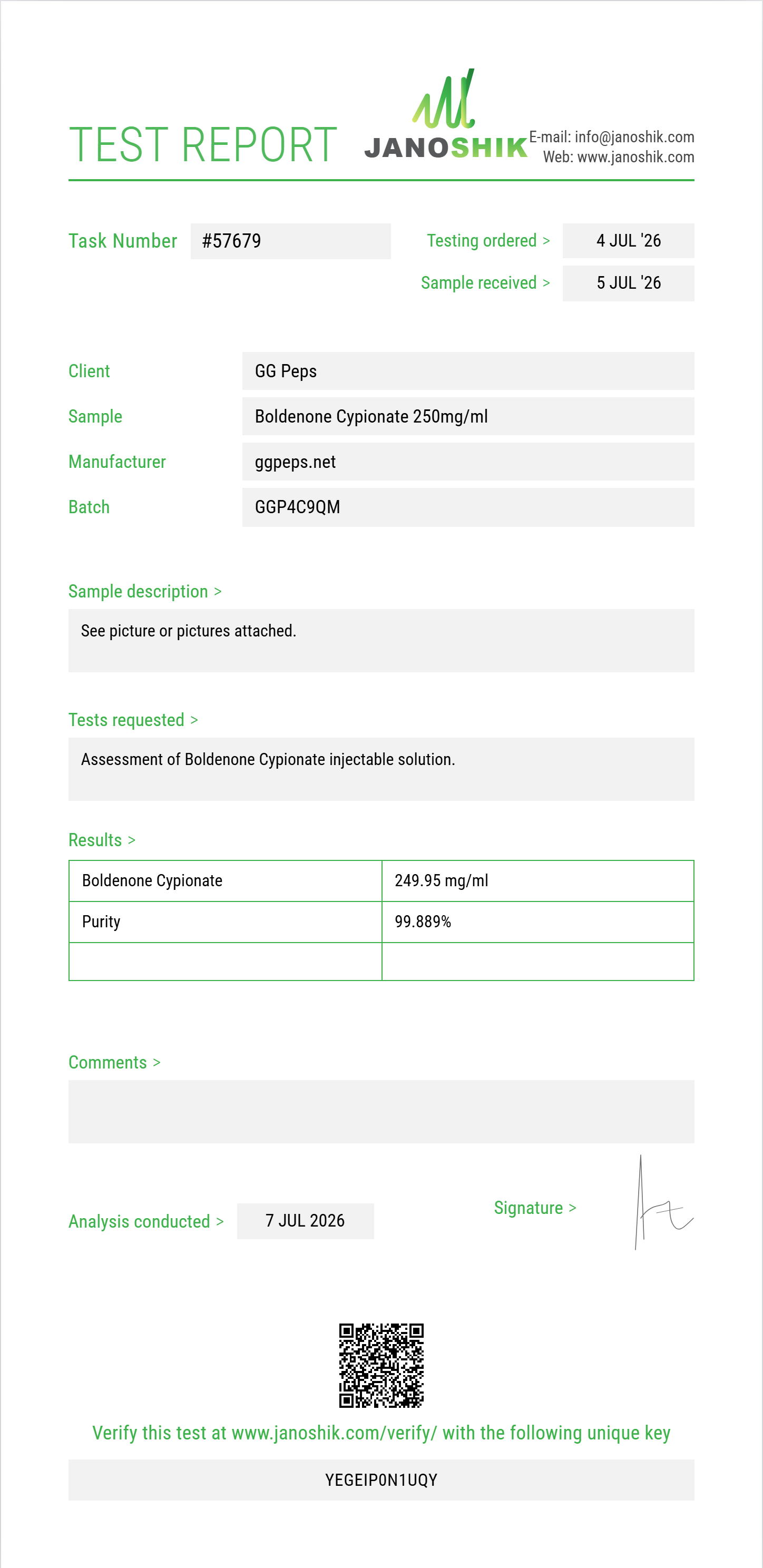 Boldenone Cypionate Purity (HPLC) report by Janoshik Analytical