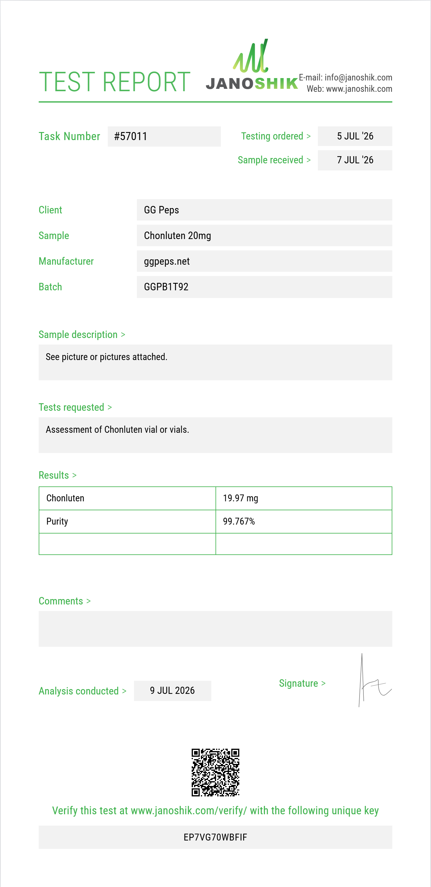 Chonluten Purity (HPLC) report by Janoshik Analytical