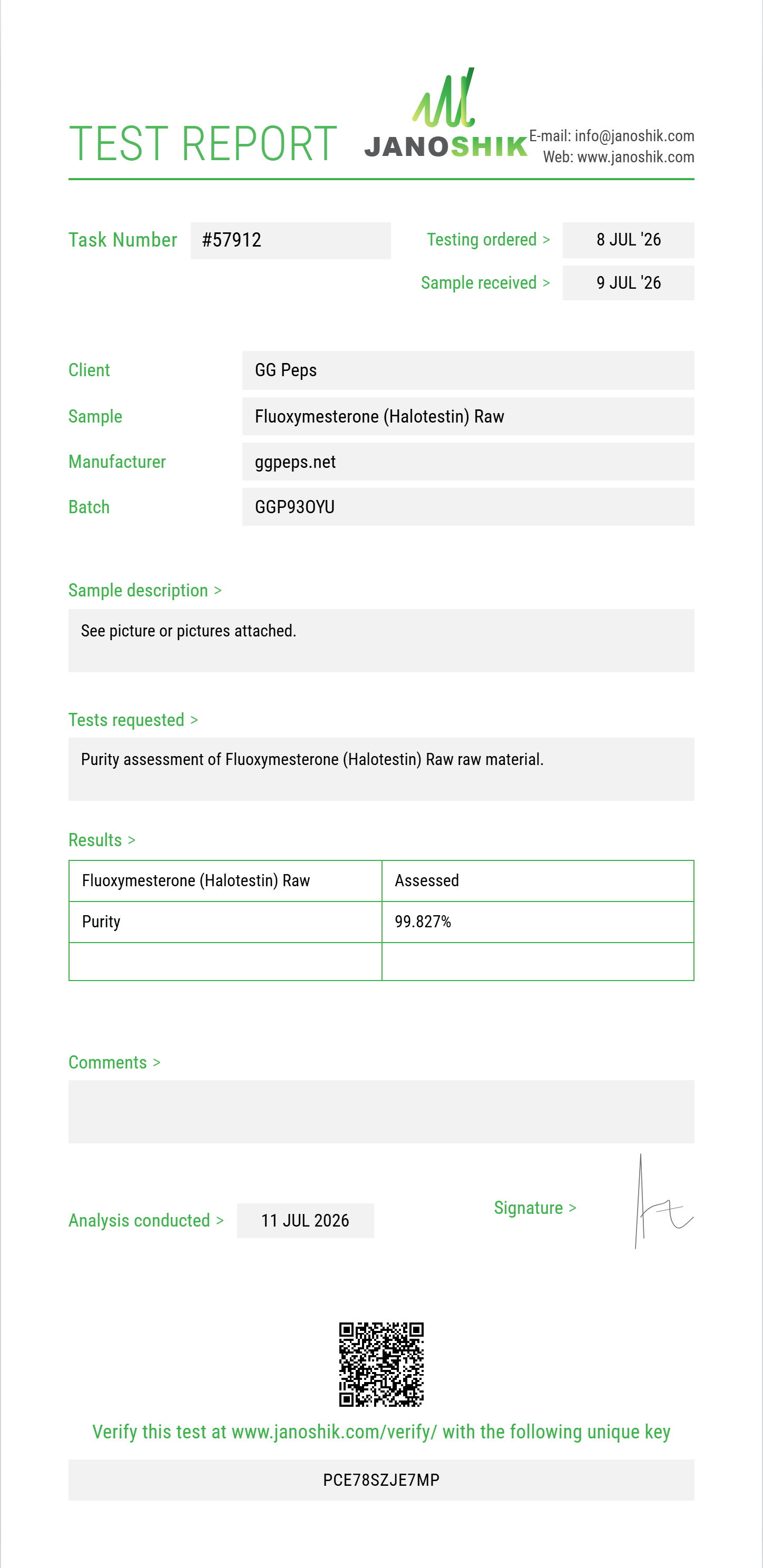 Fluoxymesterone (Halotestin) Raw Purity (HPLC) report by Janoshik Analytical