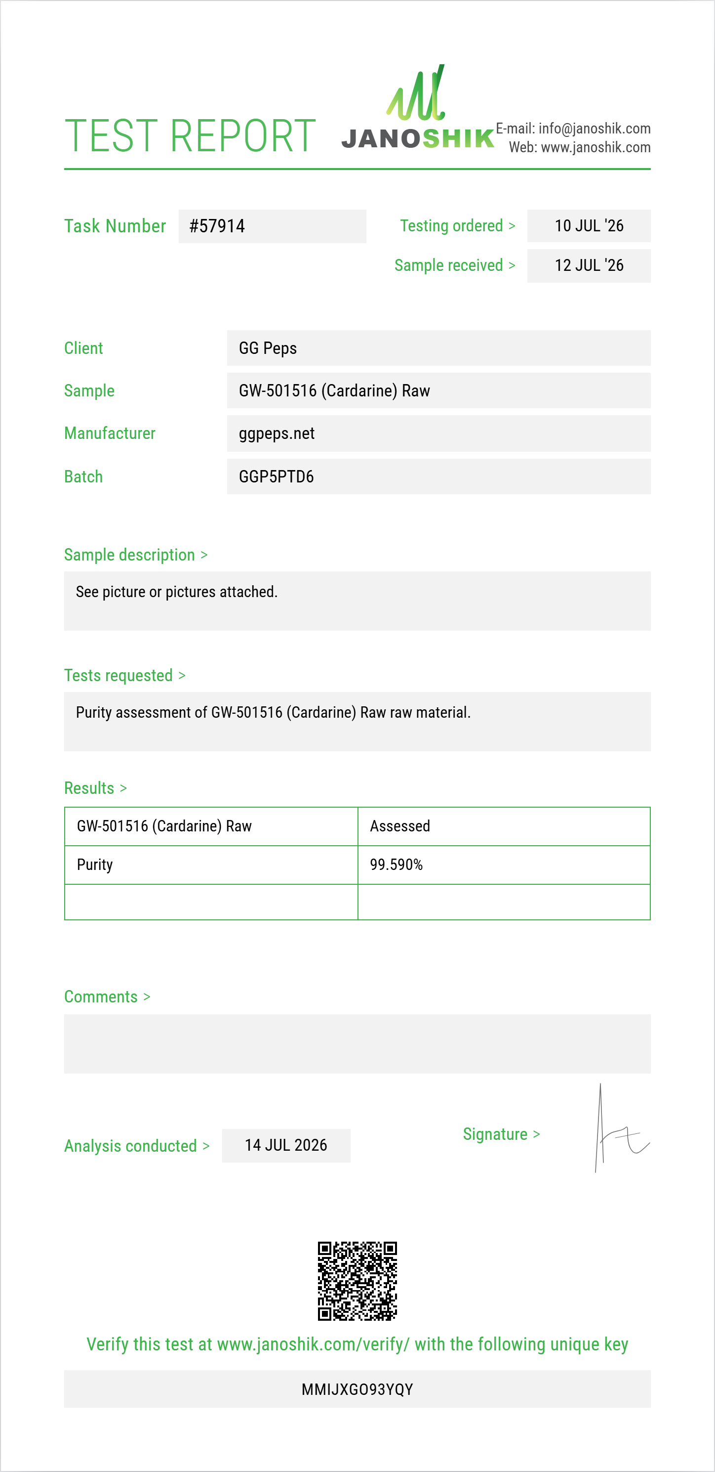 GW-501516 (Cardarine) Raw Purity (HPLC) report by Janoshik Analytical