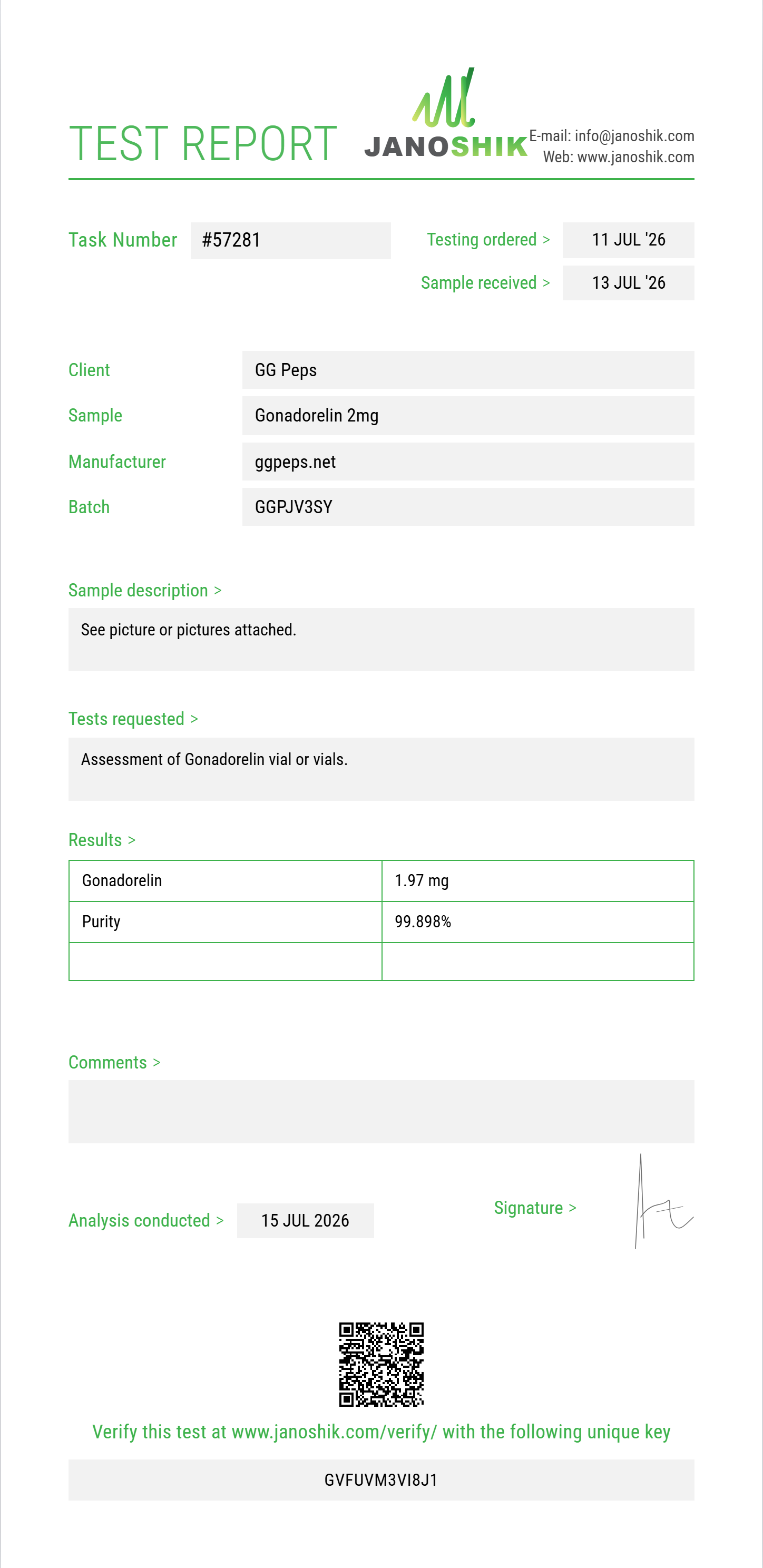 Gonadorelin Purity (HPLC) report by Janoshik Analytical