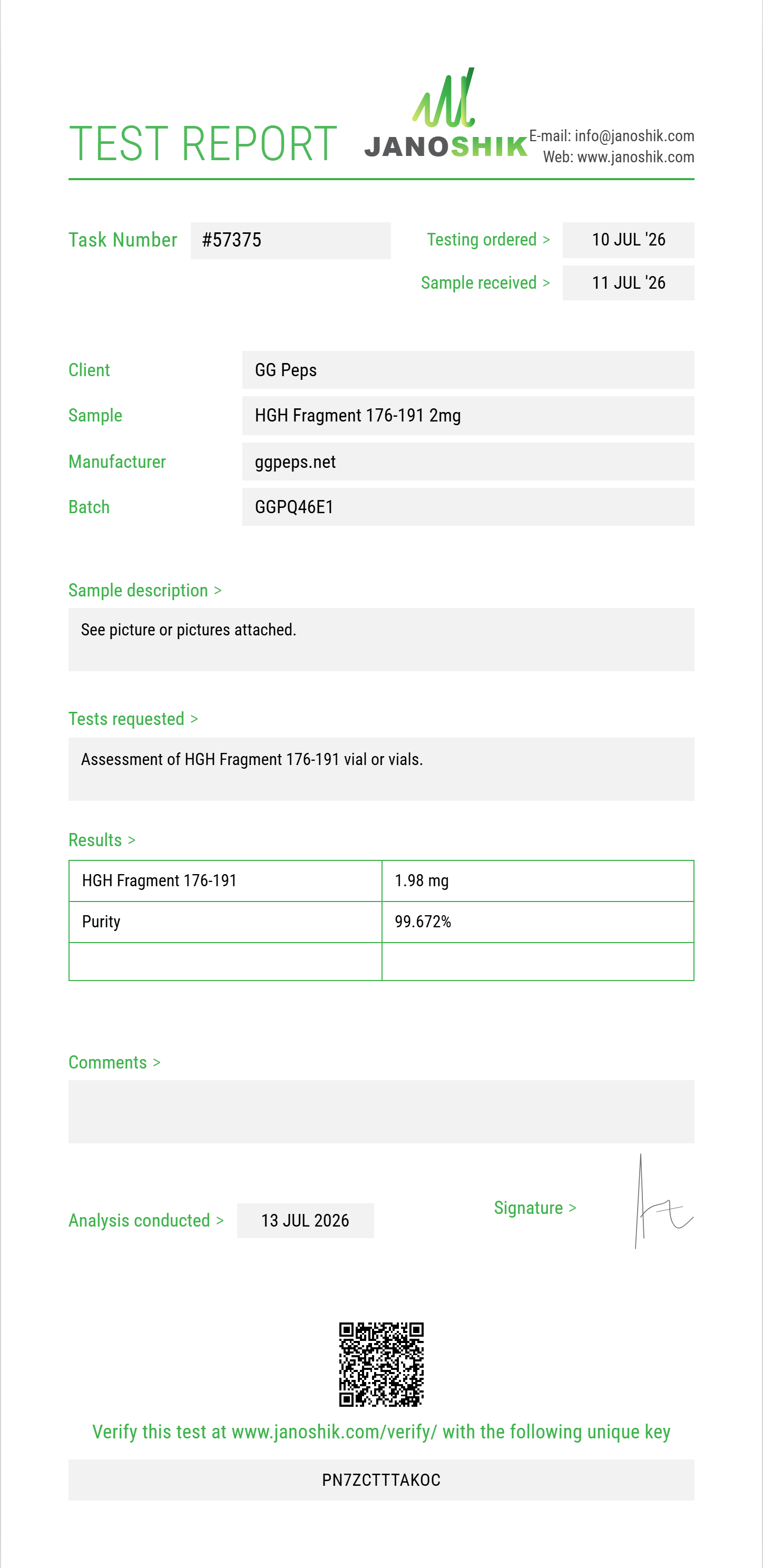 HGH Fragment 176-191 Purity (HPLC) report by Janoshik Analytical