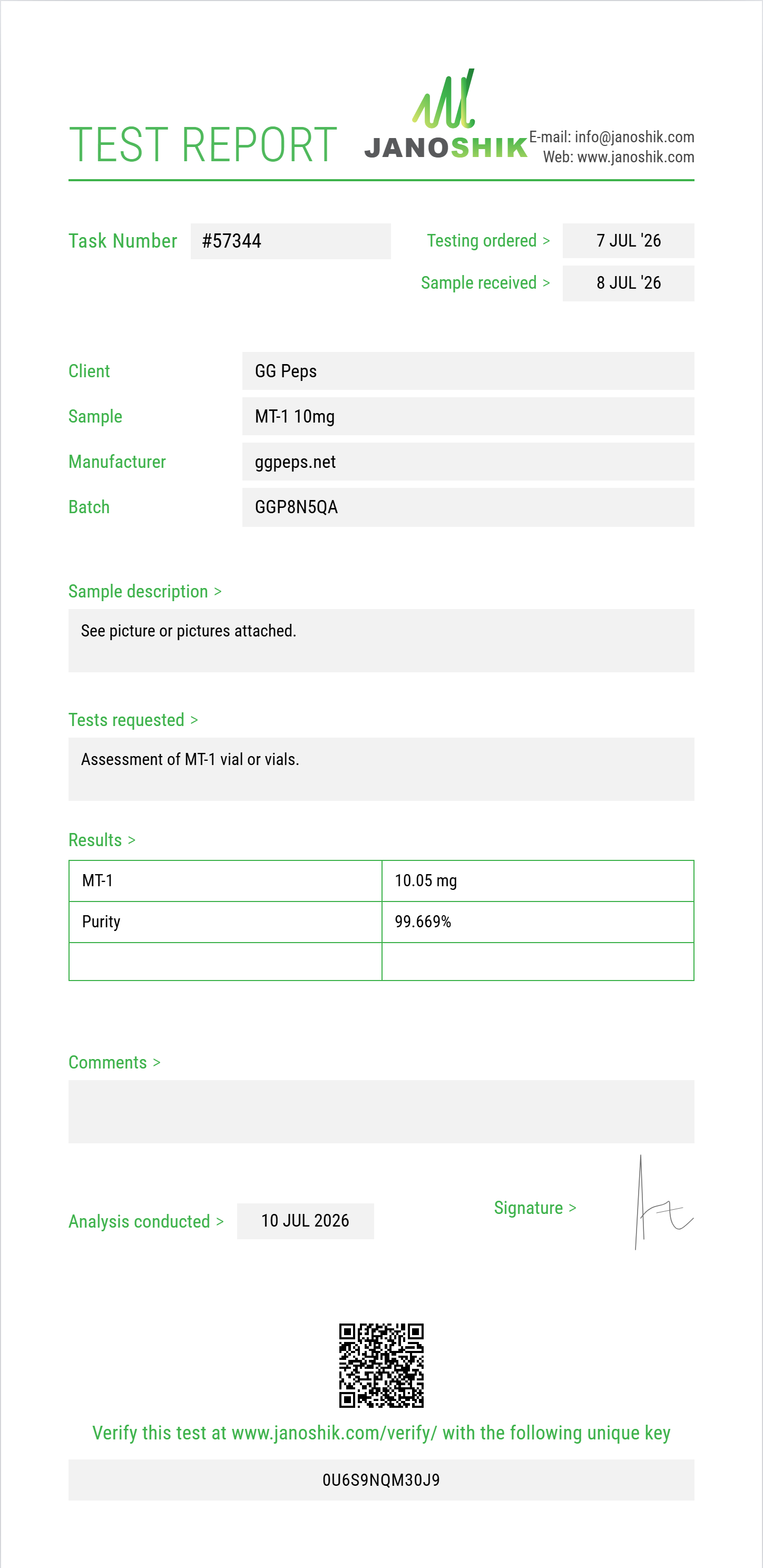 MT-1 Purity (HPLC) report by Janoshik Analytical