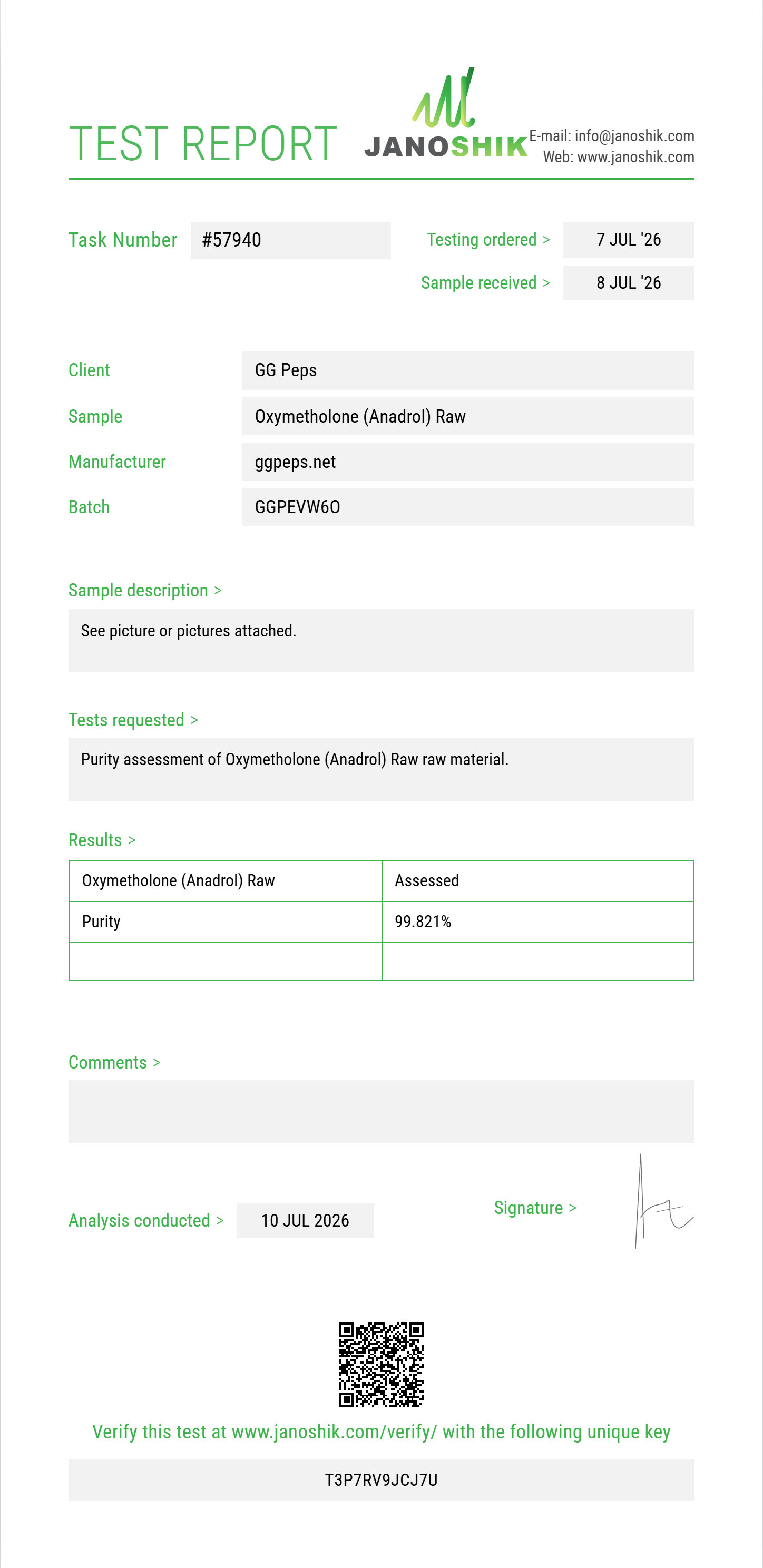 Oxymetholone (Anadrol) Raw Purity (HPLC) report by Janoshik Analytical