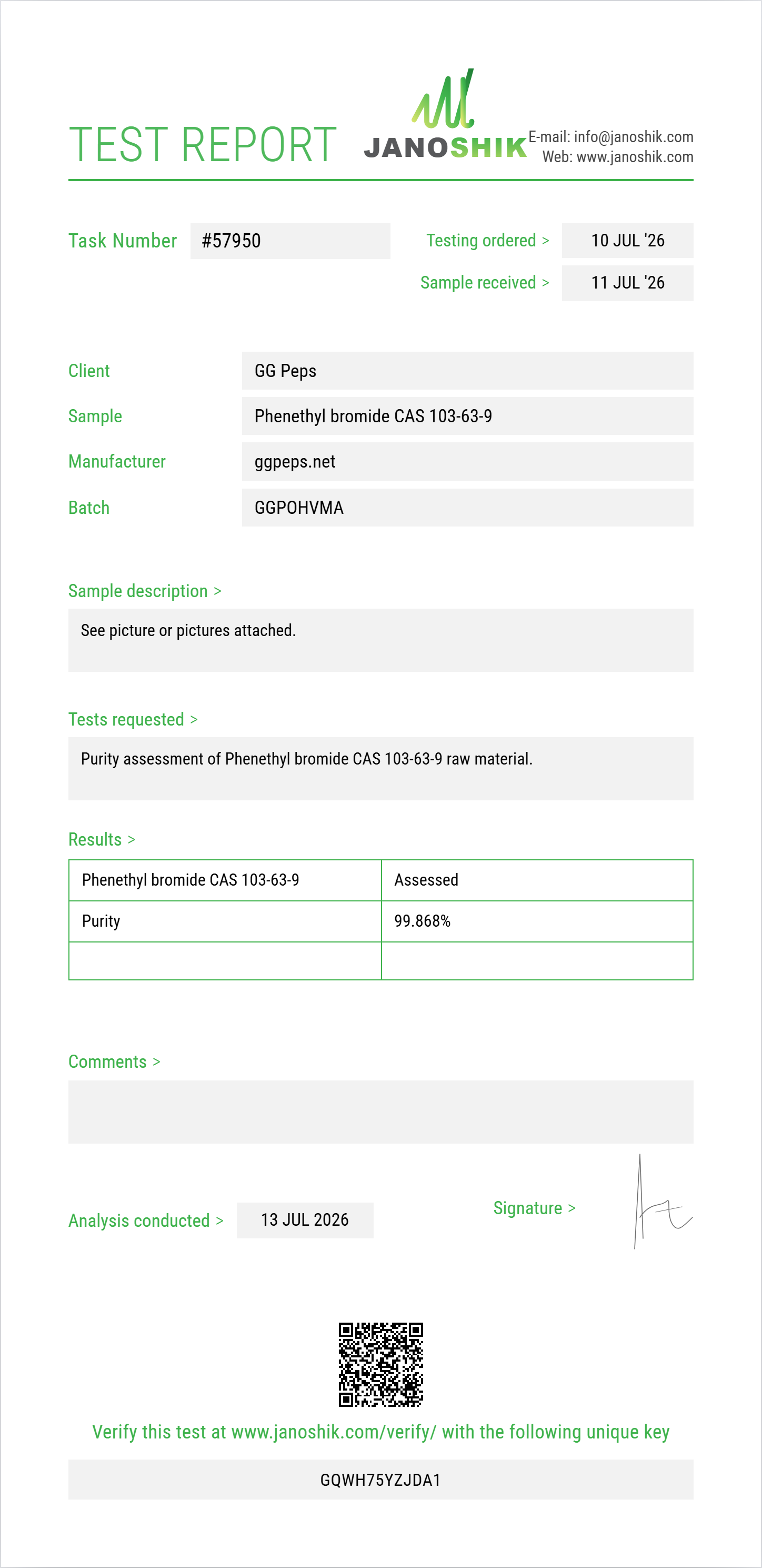 Phenethyl bromide (2-bromoethylbenzene) CAS 103-63-9 Purity (HPLC) report by Janoshik Analytical