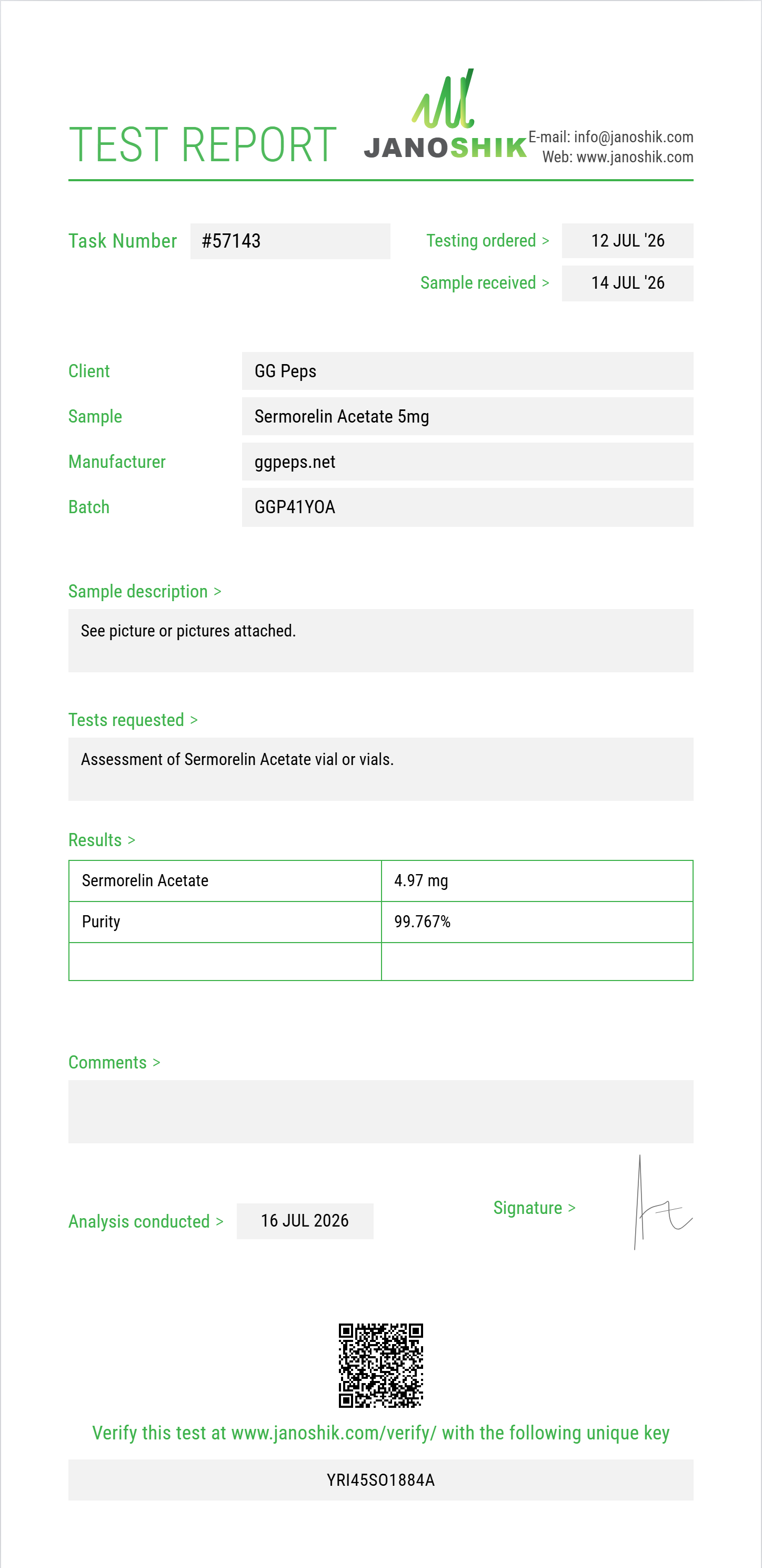Sermorelin Acetate Purity (HPLC) report by Janoshik Analytical