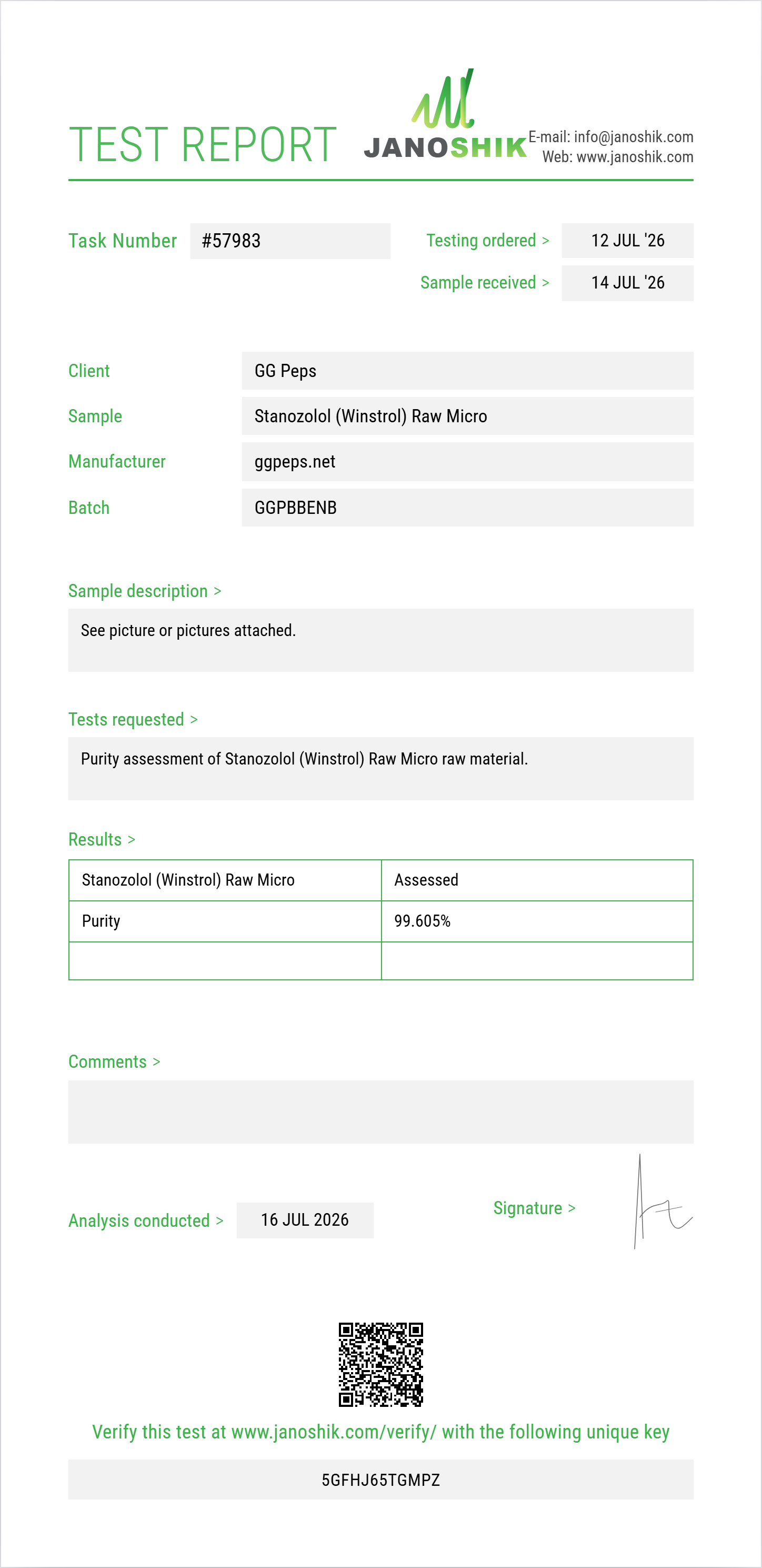 Stanozolol (Winstrol) Raw Purity (HPLC) report by Janoshik Analytical