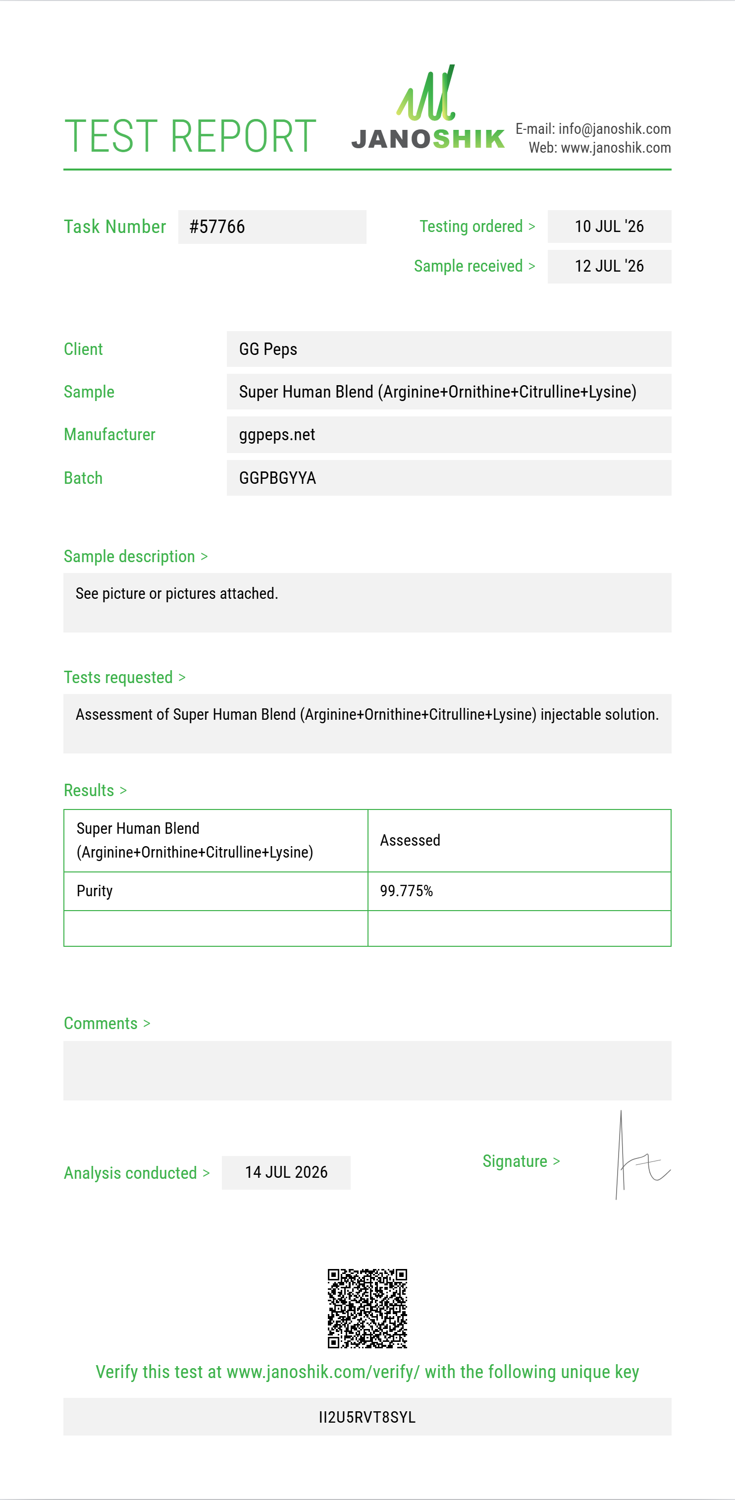 Super Human Blend (Arginine+Ornithine+Citrulline+Lysine+Glutamine+Proline+Taurine+Carnitine+NAC) Purity (HPLC) report by Janoshik Analytical