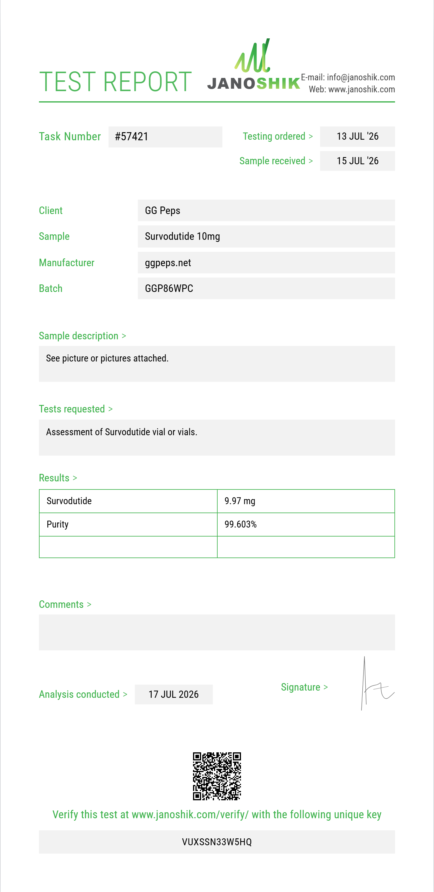 Survodutide Purity (HPLC) report by Janoshik Analytical