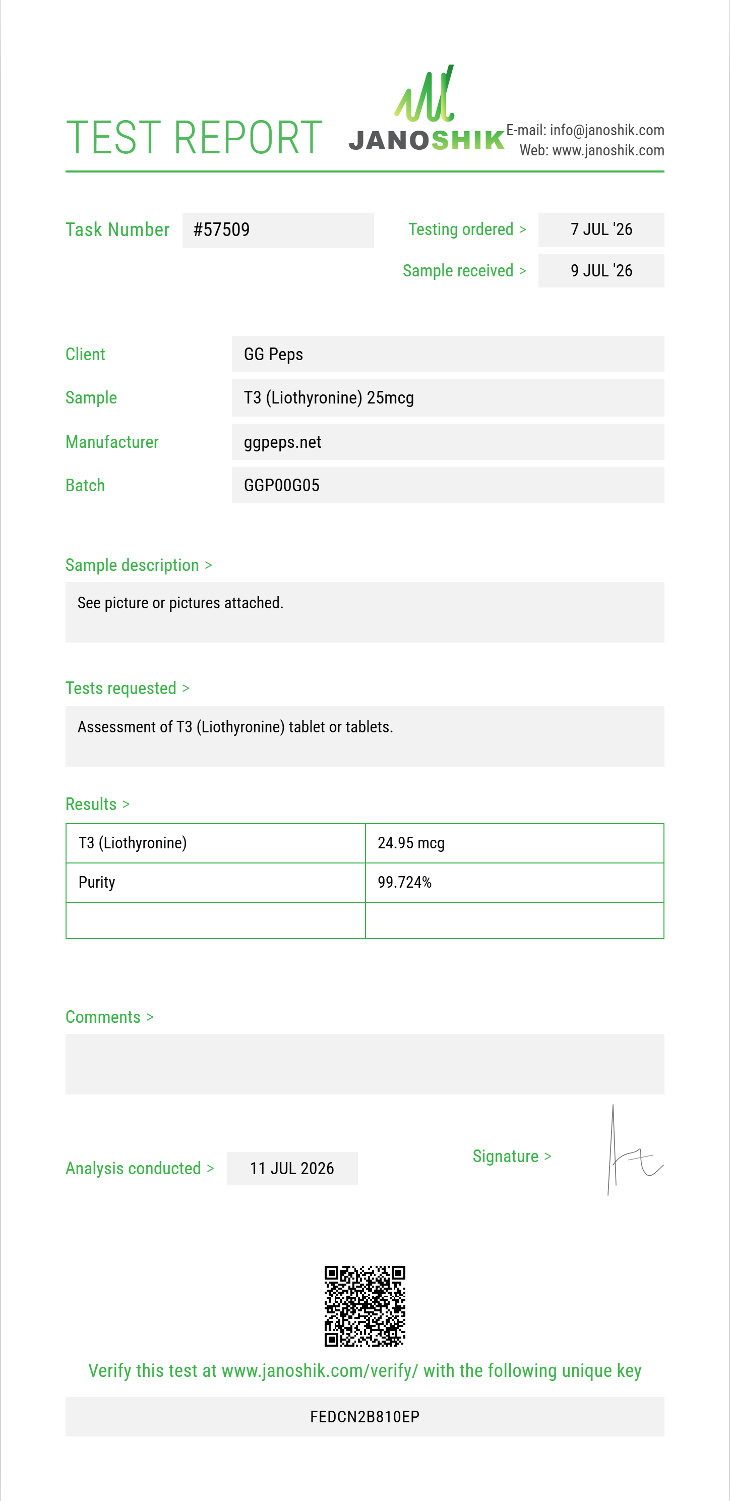 T3 (Liothyronine) Purity (HPLC) report by Janoshik Analytical