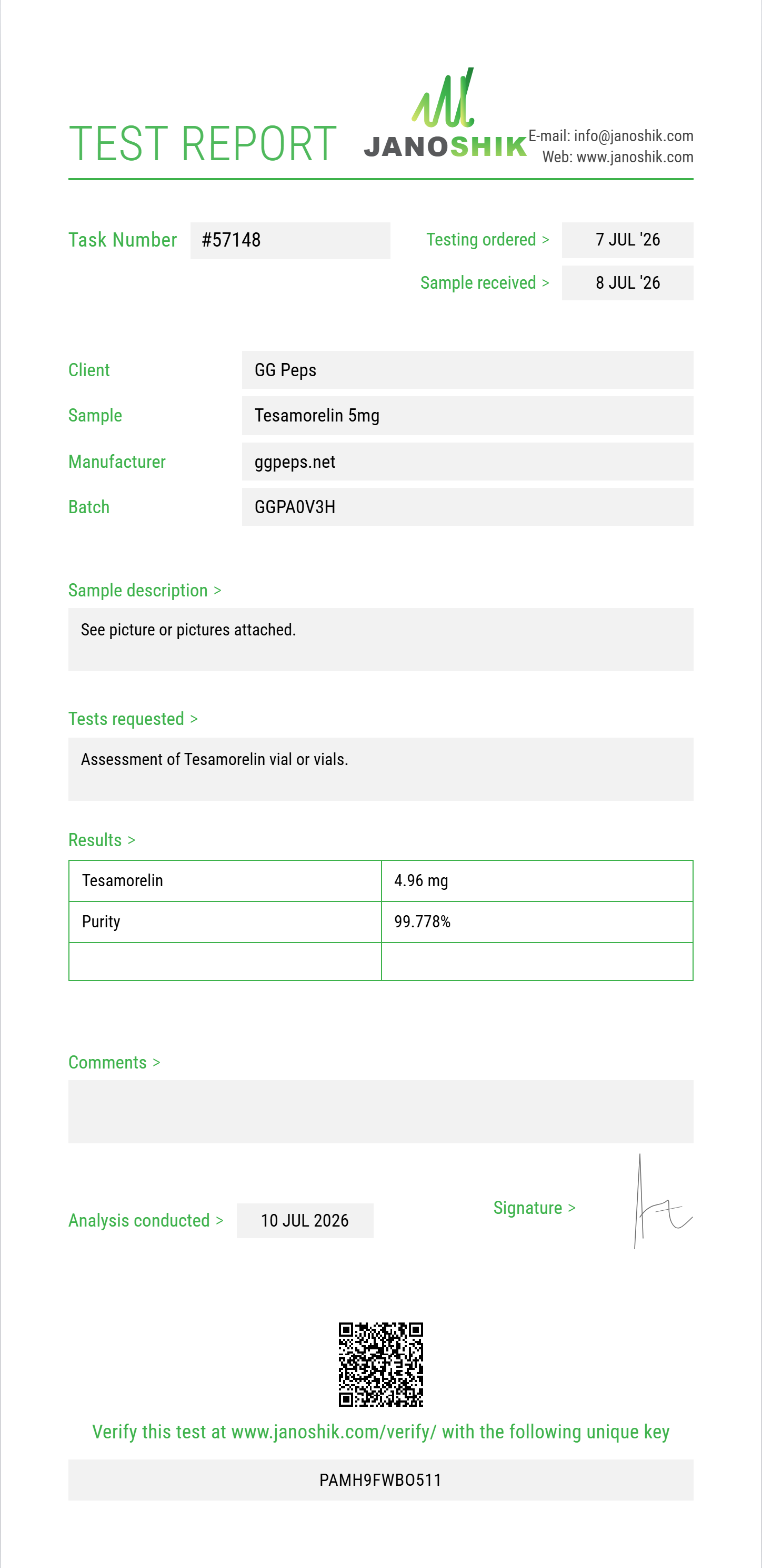 Tesamorelin Purity (HPLC) report by Janoshik Analytical