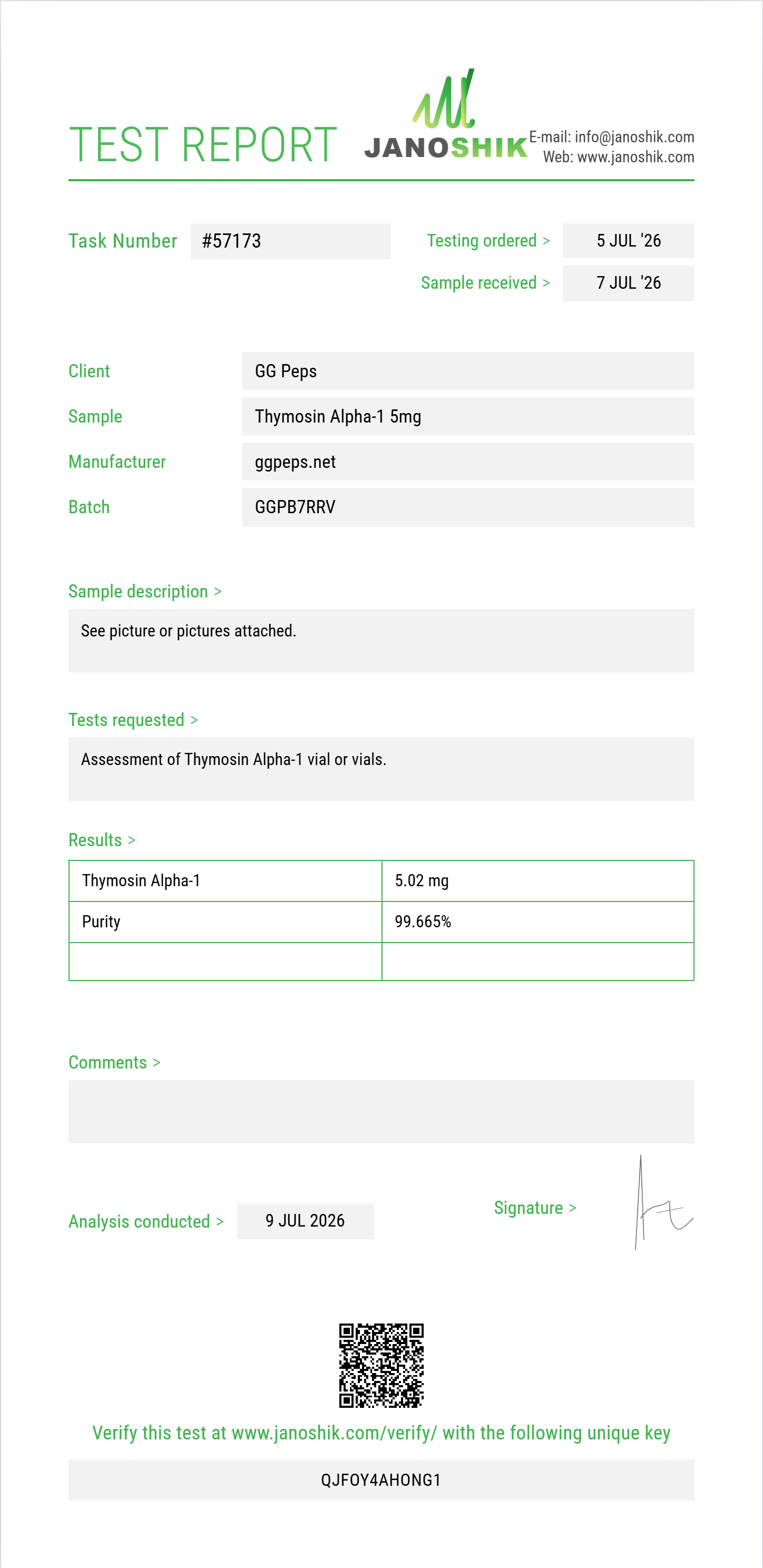 Thymosin Alpha-1 Purity (HPLC) report by Janoshik Analytical