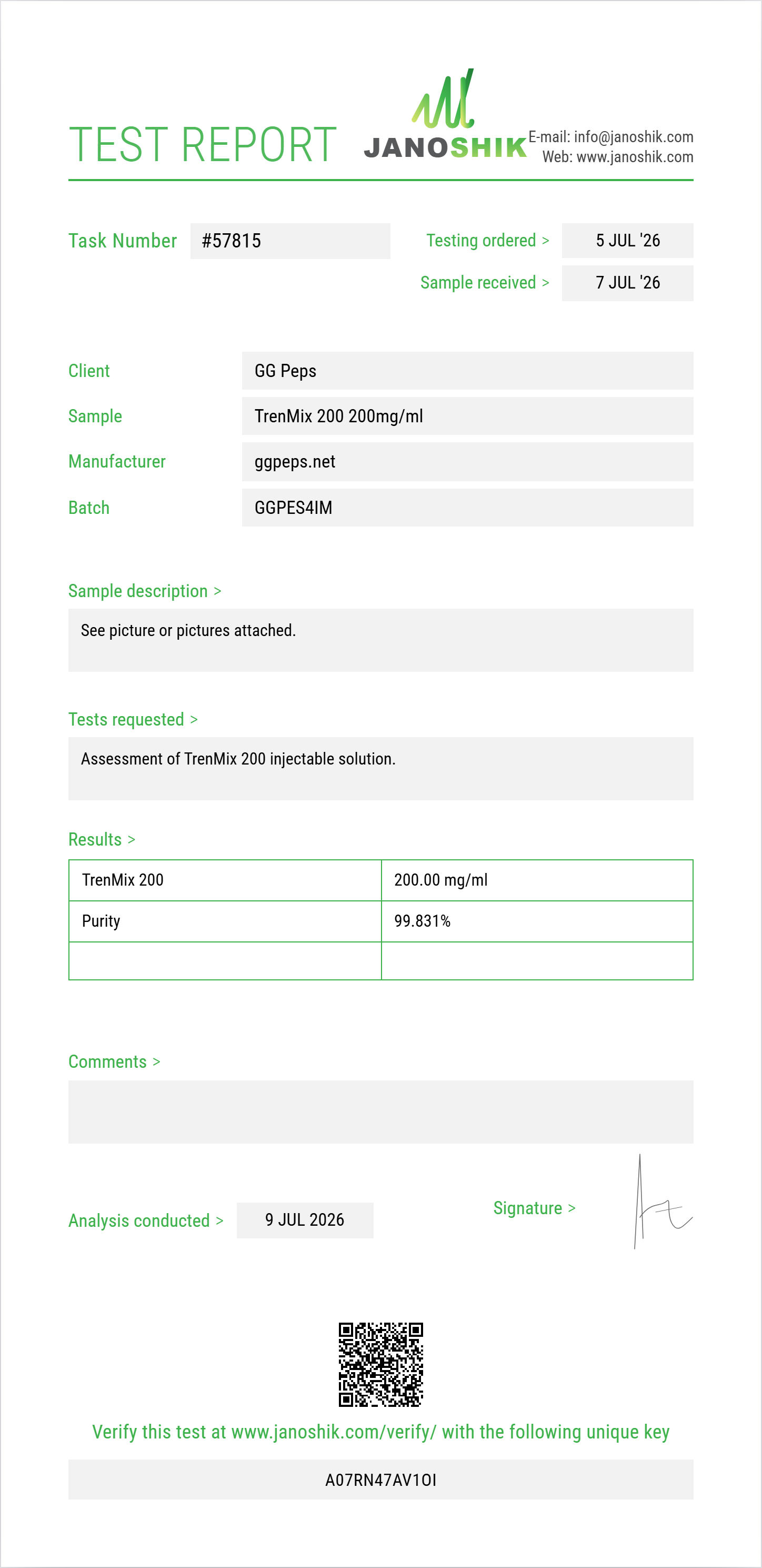 TrenMix 200 Purity (HPLC) report by Janoshik Analytical