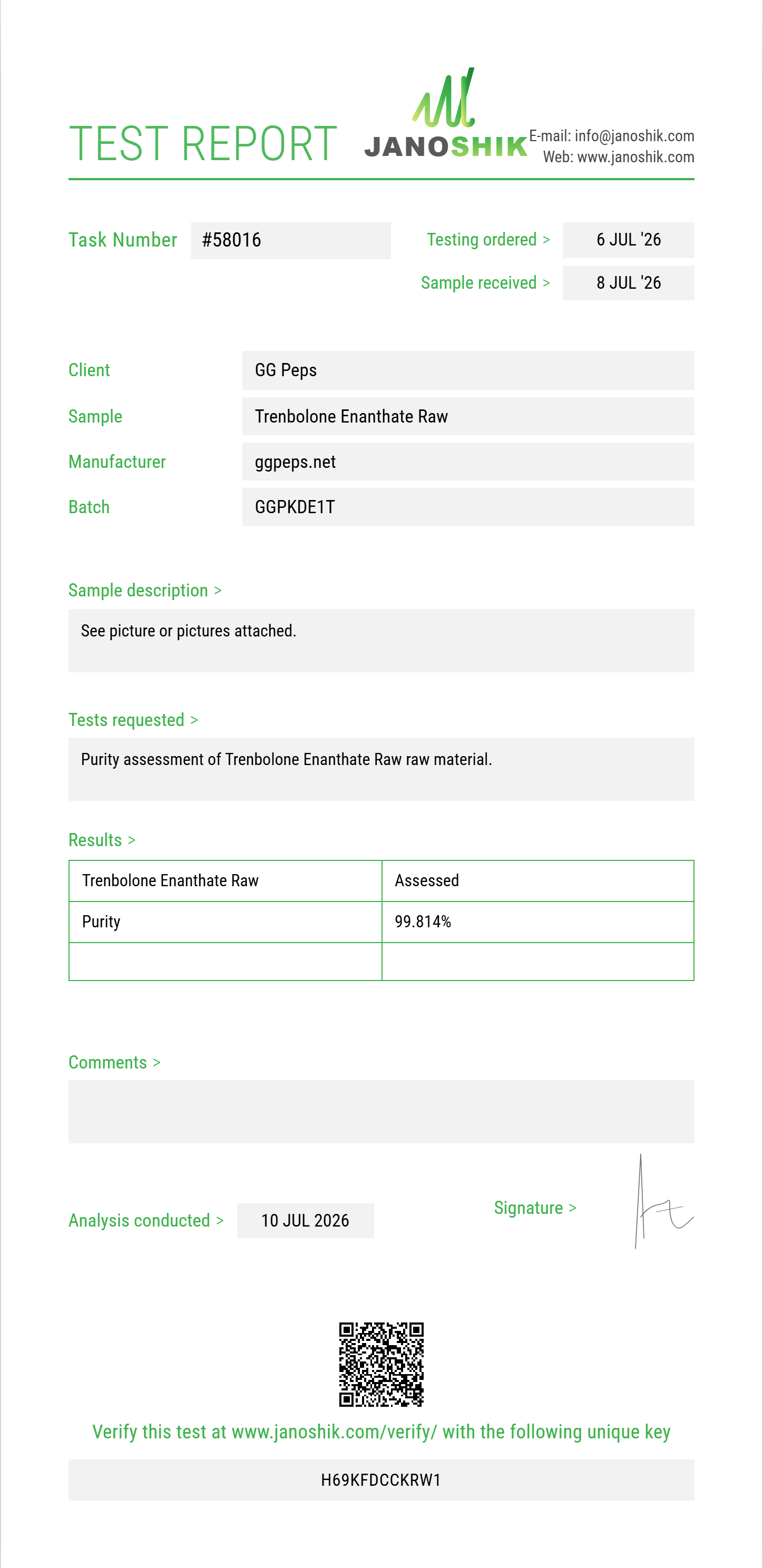 Trenbolone Enanthate Raw Purity (HPLC) report by Janoshik Analytical