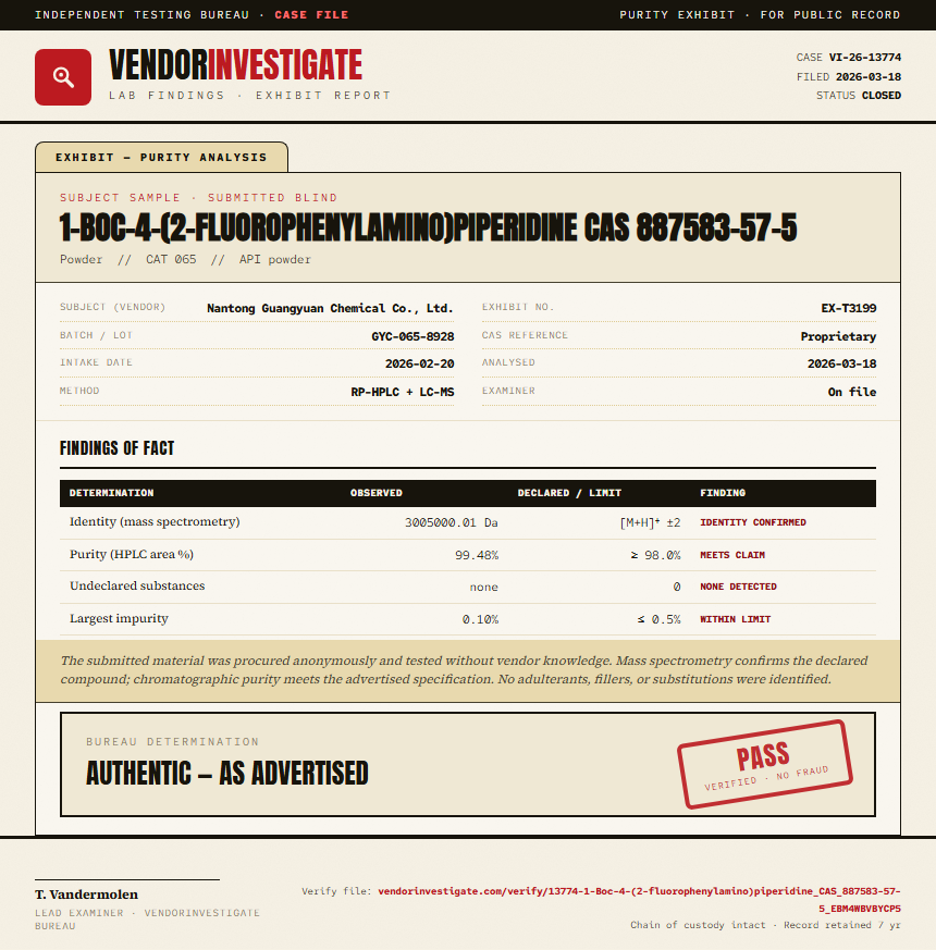 1-Boc-4-(2-fluorophenylamino)piperidine CAS 887583-57-5 Purity (HPLC) report by VendorInvestigate