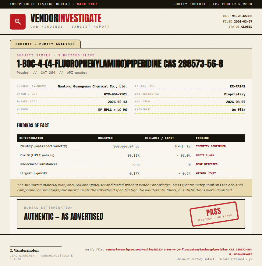 1-Boc-4-(4-fluorophenylamino)piperidine CAS 288573-56-8 Purity (HPLC) report by VendorInvestigate