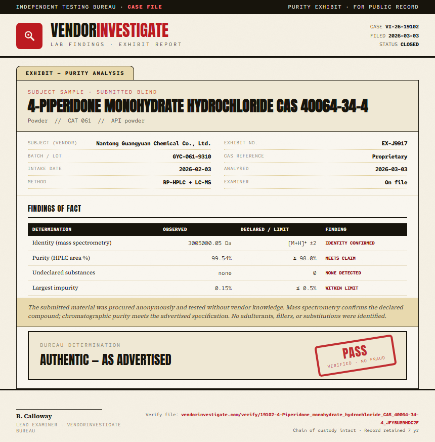 4-Piperidone monohydrate hydrochloride CAS 40064-34-4 Purity (HPLC) report by VendorInvestigate