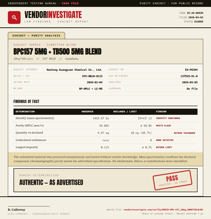 BPC157 5mg + TB500 5mg Blend Purity (HPLC) report by VendorInvestigate