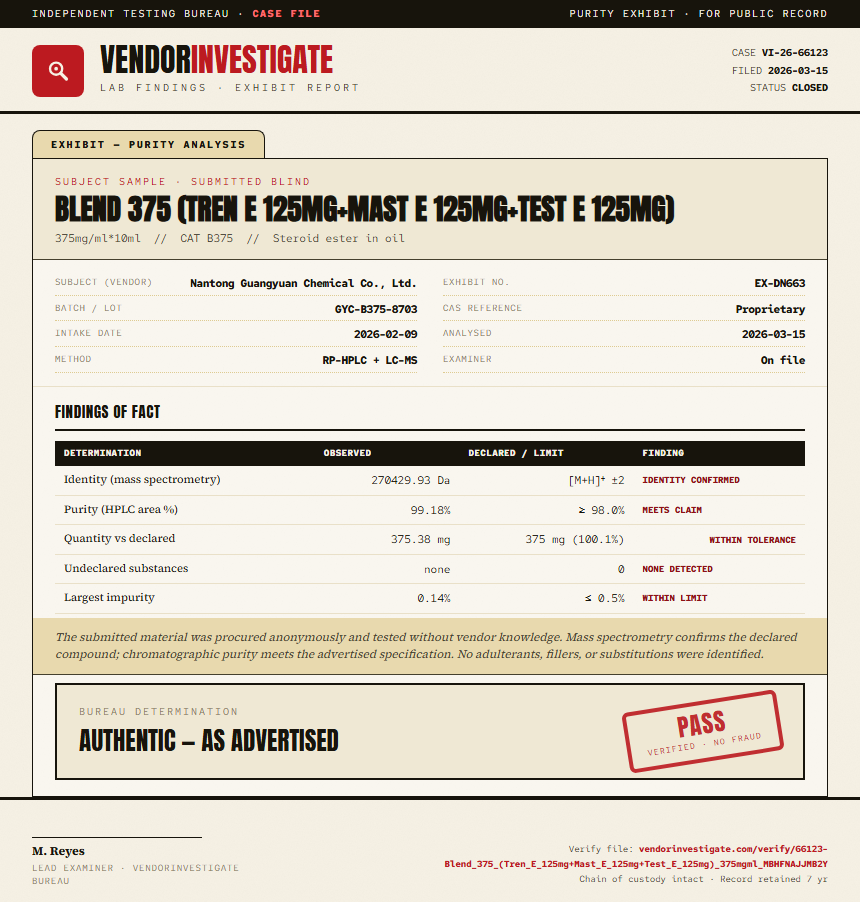 Blend 375 (Tren E 125mg+Mast E 125mg+Test E 125mg) Purity (HPLC) report by VendorInvestigate