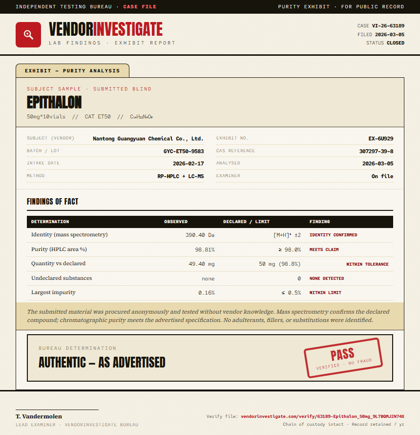 Epithalon Purity (HPLC) report by VendorInvestigate