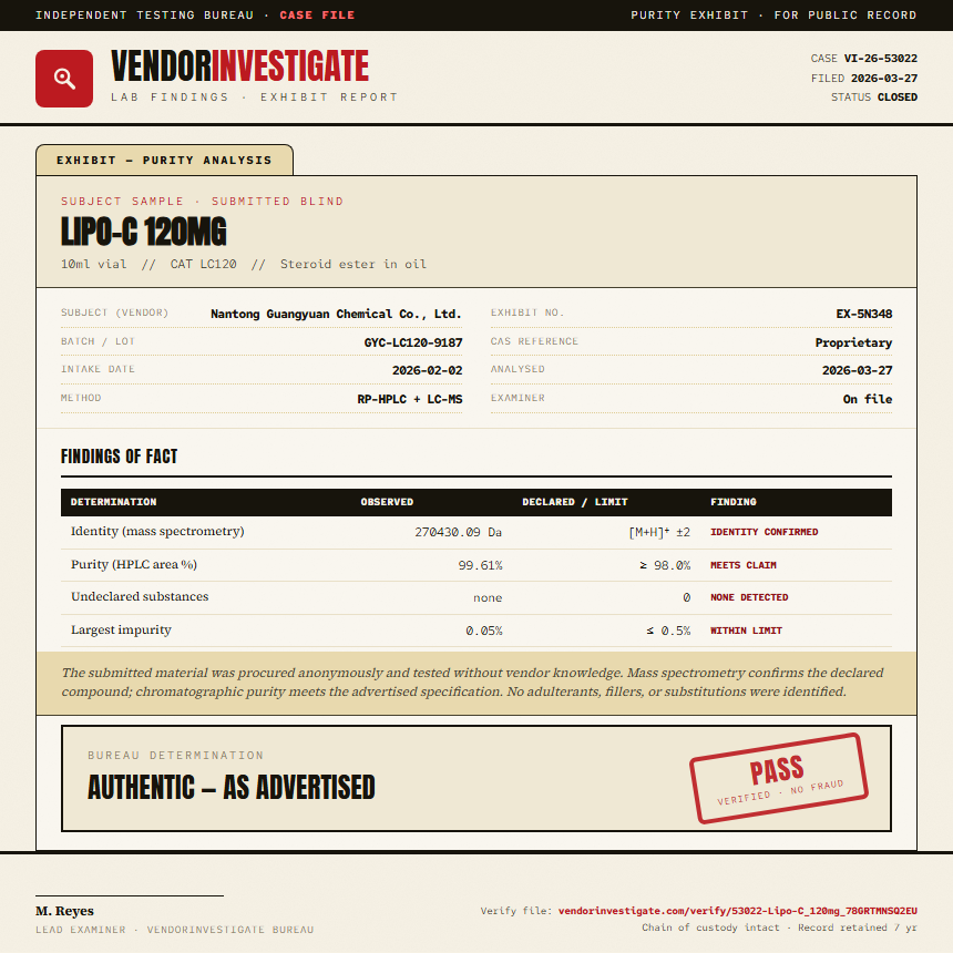 Lipo-C 120mg Purity (HPLC) report by VendorInvestigate