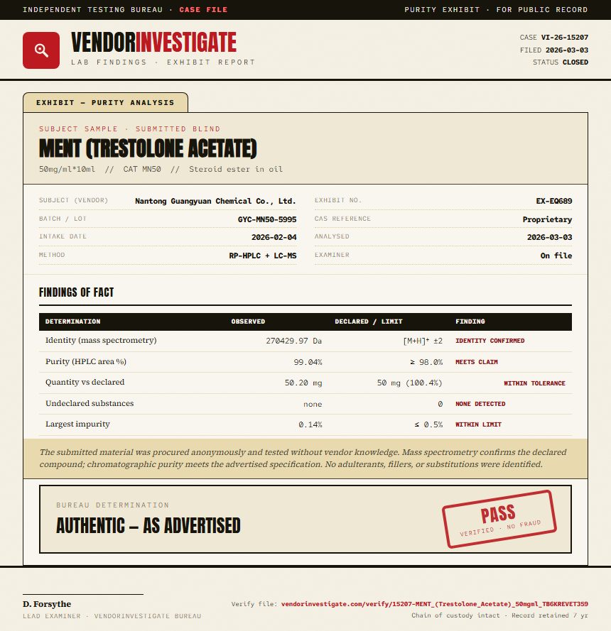 MENT (Trestolone Acetate) Purity (HPLC) report by VendorInvestigate