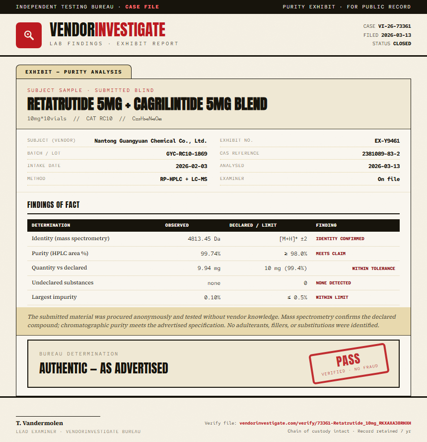 Retatrutide 5mg + Cagrilintide 5mg Blend Purity (HPLC) report by VendorInvestigate
