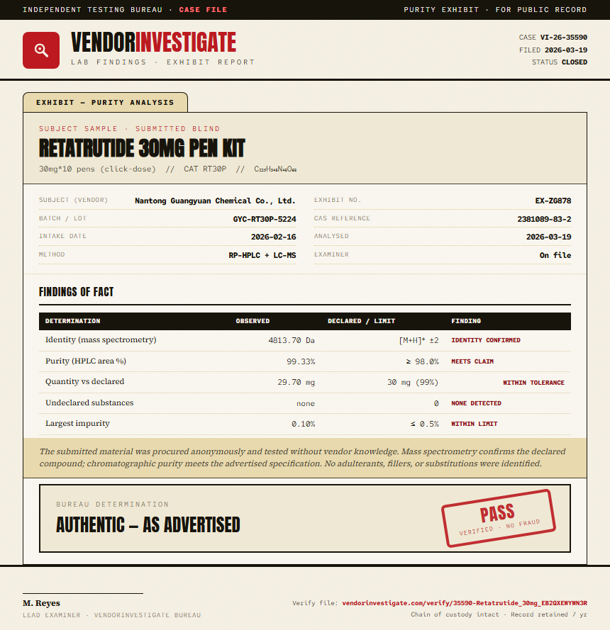 Retatrutide Purity (HPLC) report by VendorInvestigate